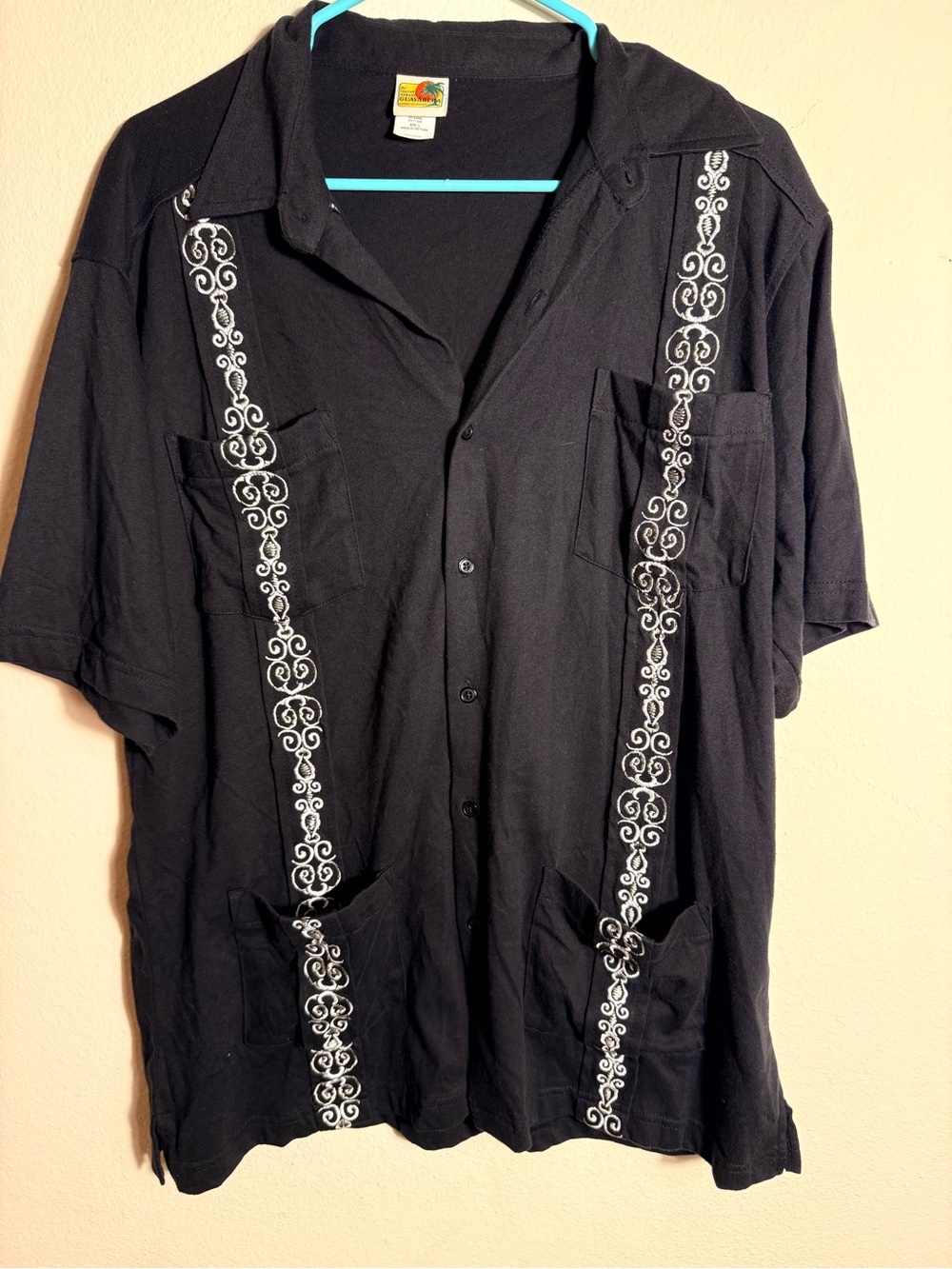 Black Short-Sleeve Embroidered Button-Down Guayabera
